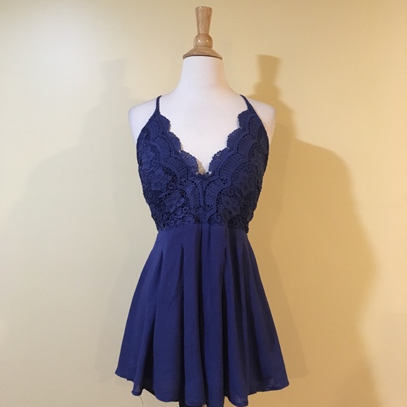 Indigo Floral Crochet Lace Strappy Open Cross Back Romper - Picture 5 of 8